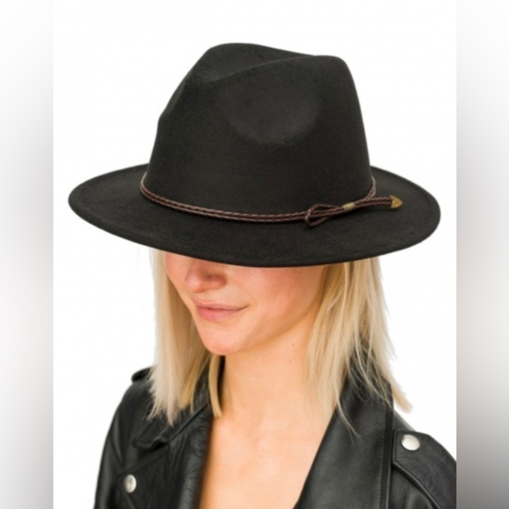 New Fedora faux wool felt black hat vegan brown leather woven head tie one size